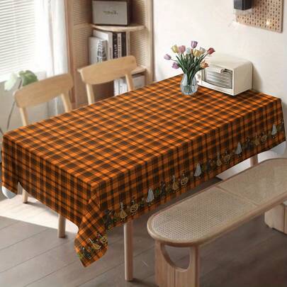 Toalha de mesa xadrez de abóbora para Halloween, 1 peça/10 peças, adequada para jantar e piquenique, à prova d'água e fácil de limpar, para mesa de jantar e festa, decoração retangular para mesa de jantar, bar, mesa de centro, piquenique ao ar livre, pátio de restaurante, decoração de festa, presente para feriados, uso interno e externo, disponível em vários tamanhos