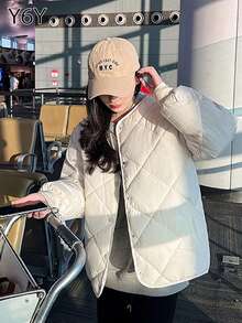 [Y6Y] 菱形图案羽绒服 | 女士时尚保暖轻便冬季羽绒服 - 杏白色 - 查看 5