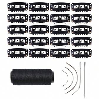 26pcs Hair Extensions ClipS Setincluding 20 Pcs 32mm 6-Teeth U-Shape Wig Clips For Clip-In Hair Extensions, With DIY Needle And Thread Kit – Snap Hair Clips For Hair Extensions Clip-Ins