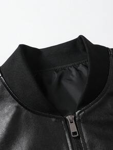 男士 PU 皮夹克外套，棒球领，时尚休闲外套，春秋季薄款 - 黑色 - 查看 5