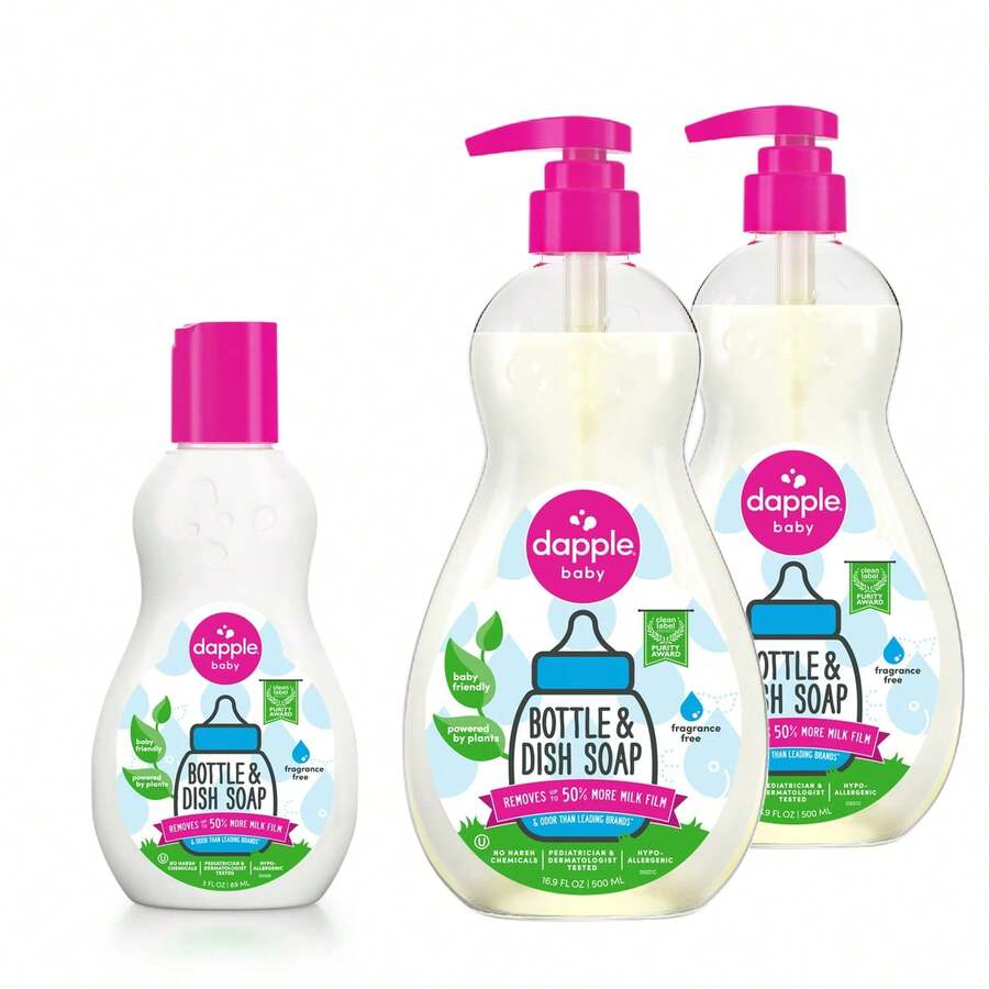 Dapple Baby Dish Bundle Includes Baby Bottle &Amp; Dish Liquid, Travel Size 3 Fl Oz And 16.9 Fl Oz Bottle, 2 Ct., Fragrance-Free, Powered By Plants, Hypoallergenic - 黑色 - 查看 1