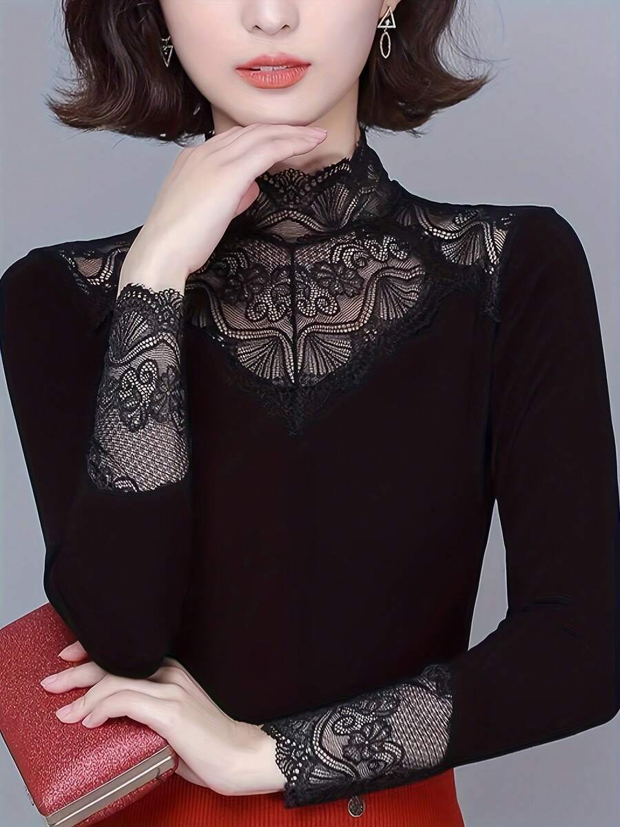 High Collar Lace Camisole, New Stylish And Fashionable Thin Layering Top For Mothers, Black, Spring/Autumn - Black - View 1