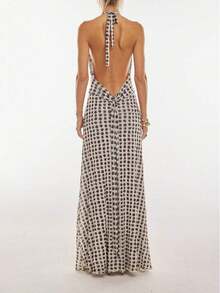 New Women's Fashion Sexy Backless Bodycon Printed Halter Dress - 黑色 - 查看 3