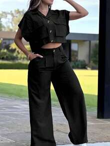 2 件套梭织面料休闲装 - 短袖衬衫和裤子，百搭实用，都市时尚 - 黑色 - 查看 2