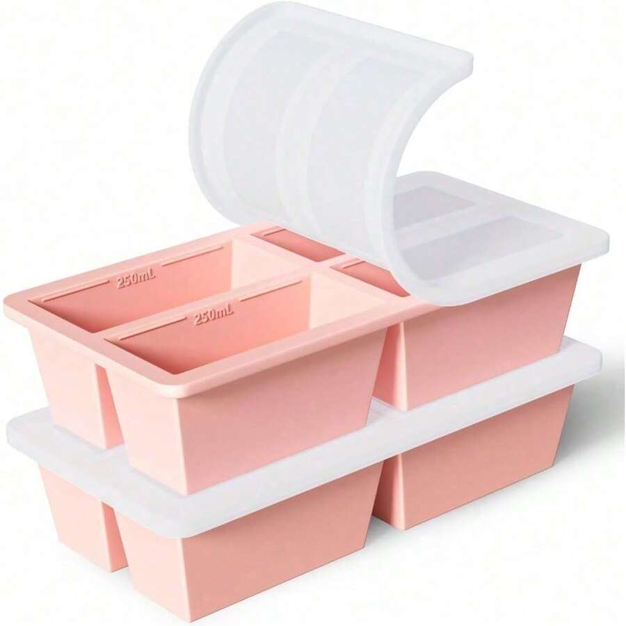 ‌Reusable Silicone Freezer Trays With Lids - 125ml & 250ml Ice Cube Molds For Coffee, Soup Stock, Meal Prep, Herbs & Sauces, Non-Stick Easy Release, Space-Saving Kitchen Storage Organizer‌ - 粉色 - 查看 1