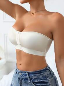 3PCS Women's Multi-Row Button Front-Fastening Strapless Bodysuit, Open-Front Lingerie, Comfortable Wireless, Plain And Simple Seamless Bra Lingerie - Multicolor - View 3