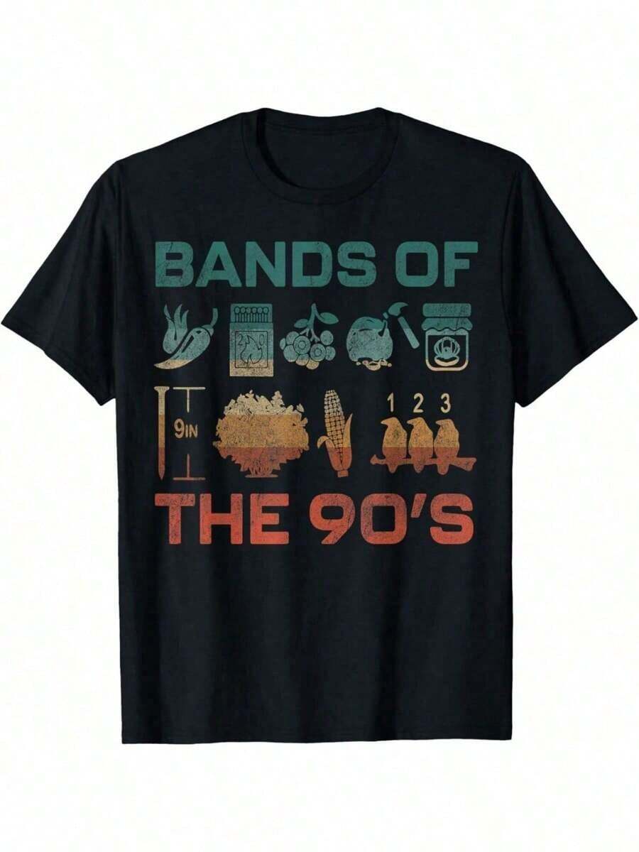Men's Retro 90s Music Band Graphic T-Shirt - Pure Cotton, Black Vintage Rock Tee With "BANDS OF THE 90's" Print, Casual Fit, All-Season Wear, Casual Wear Tee | Vintage Band Shirt | Comfortable Fit - 黑色 - 查看 1