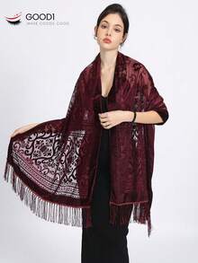 奢华复古花卉天鹅绒烧花披肩/裹身裙，手工制作的勃艮第红色流苏正式派对晚礼服，带有透明花朵图案 - 酒紅色 - 查看 2