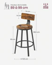 Tabouret Bar Industriel, Lot de 2, Chaises Bar Cuisine, Cadre en Acier, Siège de 63 cm/ 73,5 cm de Haut, Montage Facile, Style Industriel, Marron Rustique et Noir - Marron + Noir - Voir 6