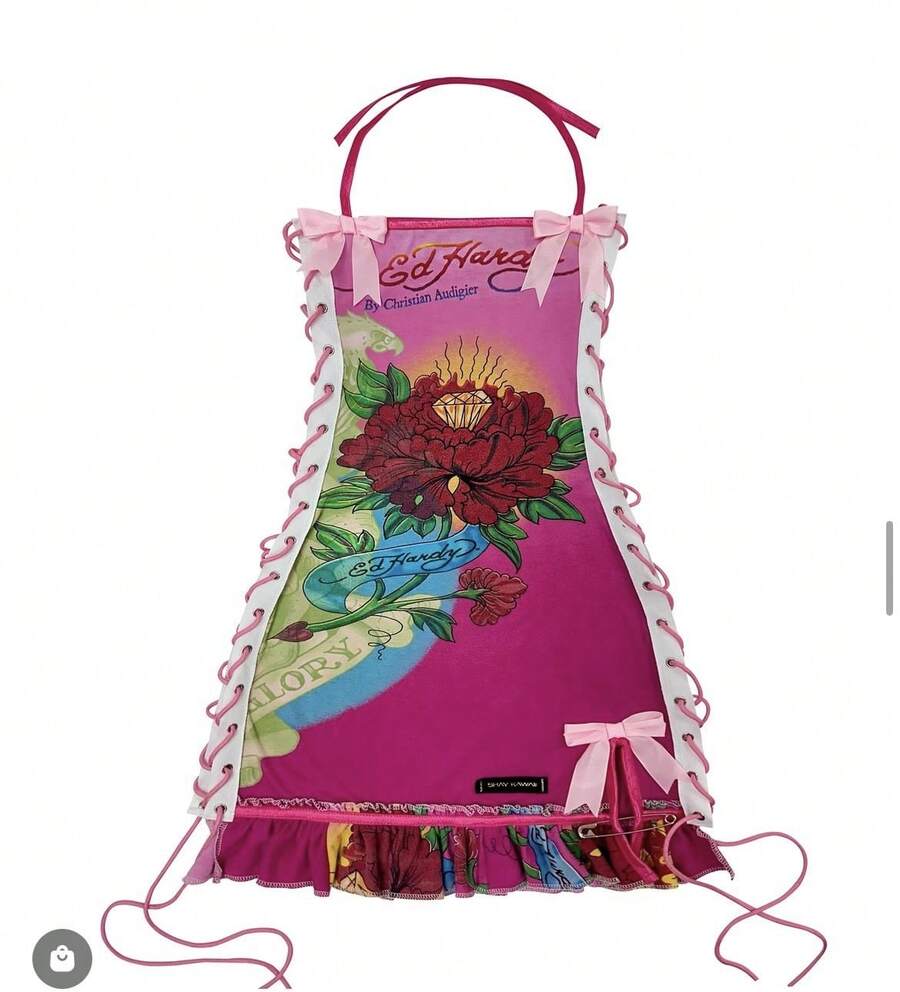 High Quality Fashionable Retro Halloween Skeleton Positioning Print Oil Painting Drawstring Strapless Suspender Dress - 玫紅色 - 查看 1