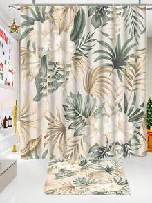 1pc Gold & Green Floral Waterproof Polyester Shower Curtain, Includes 12 Hooks, Bathroom Accessory & Decor Bathroom Decor