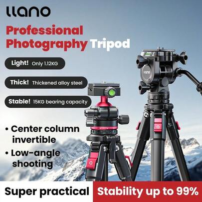 Llano Professional Photography Camera Tripod Travel Phone Tripod Stand With Fluid Head (Max Load:15KG) Height From 53cm To 165cm With Carry Bag Compatible Camera
