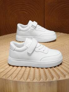 Yamepp 1 Paar Kinder Freizeitschuhe, einfarbige schlichte weiße Sneaker, Klettverschluss, leicht & bequem für die Schule