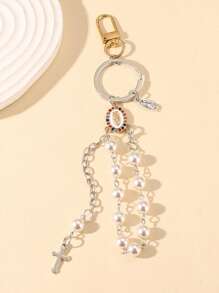 1 pezzo Portachiavi con ciondolo a croce con perle e strass della Vergine Maria, adatto per decorare borse o come regalo per insegnanti, famiglia e amici durante la stagione del ritorno a scuola, accessori per auto, stile gotico carino Y2K