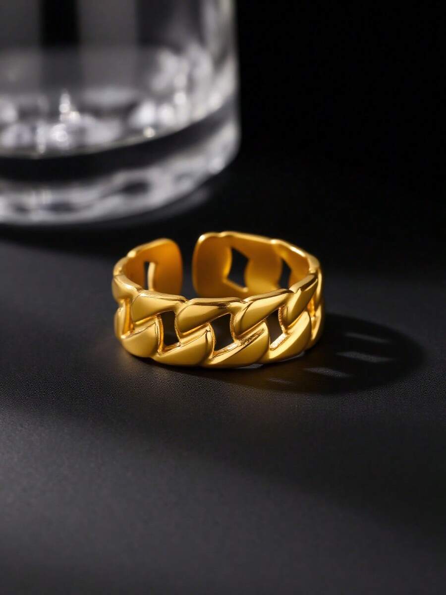 Chain-Shaped Rings For Men 18K Gold Plated Open Stainless Steel Ring Vintage Geometric Asymmetrical Jewelry Daily Party Wear