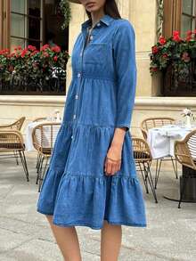 女式荷叶边休闲牛仔连衣裙，3/4 袖，优雅修身中长款牛仔连衣裙，适合秋冬牛仔服装 - 中等水洗藍 - 查看 6