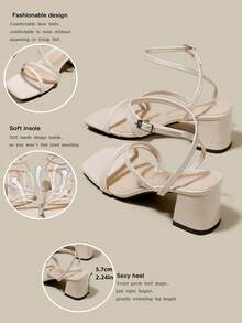 女式米色交叉带高跟凉鞋，露趾，系带，粗跟，系带凉鞋，夏季鞋 - 米色 - 查看 2