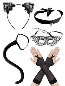 D EXCEED 2/3/4/5 pièces Ensemble de serre-tête à oreilles de chat en dentelle, masque pour les yeux et collier à clochette pour femmes - pour le cosplay d'anime, les fêtes d'Halloween - Multicolore - Voir 19