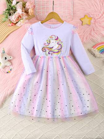女童派对礼服长袖独角兽彩虹印花公主裙春秋季儿童时尚服装女宝宝圣诞连衣裙