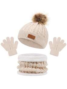 FAS 字母贴片儿童针织帽套装，单球麻花针织帽，可爱百搭针织帽