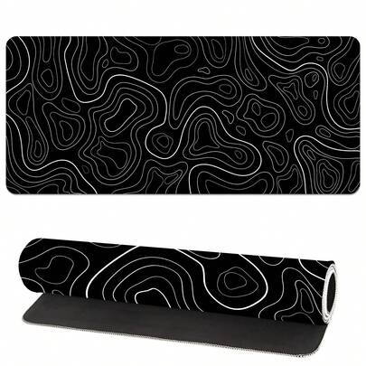 1 件 XXL 地形图图案鼠标垫 - 大号加长游戏桌垫，黑白简约键盘垫，适合办公室和家庭使用