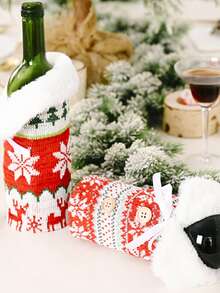 Gestrickte Weinflaschen-Abdeckung als Weihnachtsdekoration, Wollkugel Weihnachtsren Schneeflocke rote Weinflaschen-Abdeckung mit Knopf, rote Pullover Weinflasche Tasche, stimmungsvolle Bierflasche Tasche, Champagner Tasche, Haushaltsartikel, Weihnachts-rote Weinflasche Tasche - perfektes Weihnachtsgeschenk und Träger, wiederverwendbare Weihnachts-Weinflaschen Tasche, Weinflasche Geschenktasche, Spirituosen Flasche Tasche, Geschenkverpackung, Party, Gastgebergeschenk, Weihnachtsgeschenk, Feiertags-Präsent