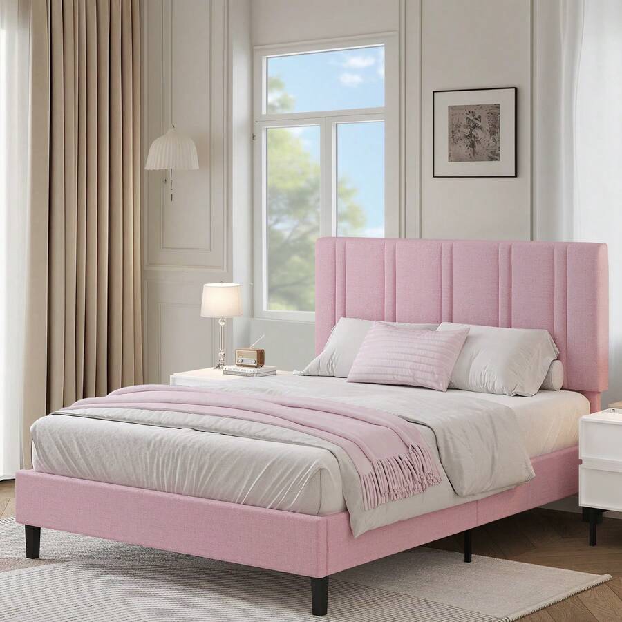Twin/ Full/ Queen Size Bed Frame With Headboard, Modern Platform Bed Frame With Adjustable Headboard, No Box Spring Needed, Easy Assembly, Black/ Beige/ Pink/ Blue - 粉色 - 查看 1
