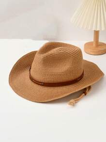 1pc Wide Brimmed Straw Hat, Sun Protection Western Cowboy Hat/Cowboy Hat, Summer Beach Sun Protection Rope Hat, Portable Folding Design - Panama Straw Hat - View 2