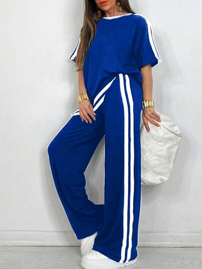 Plus Size Women Casual T-Shirt + Side Stripe Pocket Wide Leg Pants Set