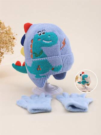 Set de 2 piezas de gorro tipo gorro de lana con cola de dinosaurio y guantes para niños, orejeras de doble capa gruesas y cálidas para el invierno, diseño lindo y de moda, suave y transpirable, adecuado para actividades al aire libre, caminar, jugar, esquiar, patinar sobre hielo, regalo