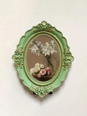1pc Vintage Oval Resin Photo Frame - European Carved Embossed Decor, Vertical Tabletop Display For 6-Inch Picture, Elegant Floral Design, No Electricity Needed - For Home Decor & Gift Giving - Perfect For Displaying Memories