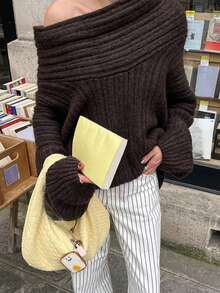 女士纯色露肩休闲套头冬季毛衣