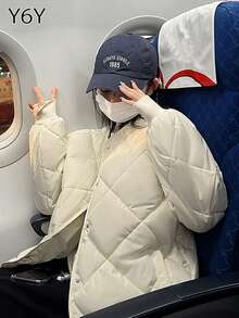 [Y6Y] 菱形图案羽绒服 | 女士时尚保暖轻便冬季羽绒服 - 杏白色 - 查看 3