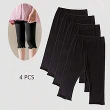 4 Pairs Summer Girls/Kids/Infants Ruffle Edge Capri Leggings, White/Gray/Black/Pink Solid Colors, Thin 3/4 Length Pants, Casual Cute Fashion, Soft & Comfortable Bottoms, Suitable For Daily Wear, Can Be Paired With Tops Or Skirts