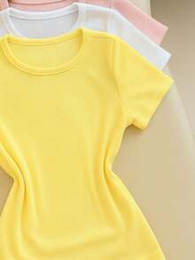 Kit 3 Women's Ribbed Blouses, Baby Tee, Basic Short Sleeve Babylook Colors  2025 - Yellow/White/Pink - View 3