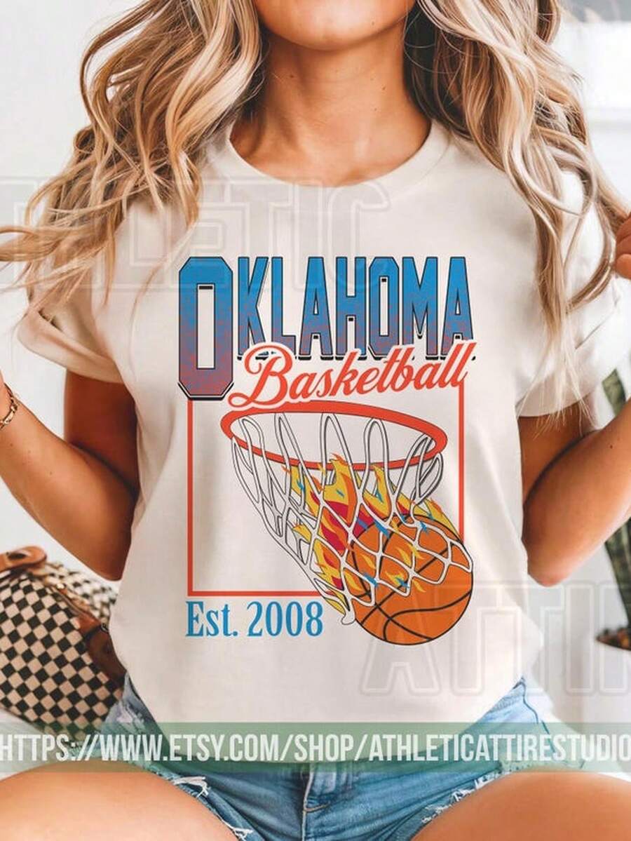 Oklahoma Basketball Vintage Style T-Shirt, Thunder T-Shirt, Thunder Shirt, Vintage Basketball Fan, Retro Oklahoma City BFB8220g White Cotton Short Sve T-Shirt Is The Best Gift For , Best , Relats, Let Them Feel Cool And Comfortable In Summer - 白色1 - 查看 1