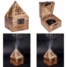 Wooden Classic Pyramid Dhoop Incense Burner With Base Square And Top Cone Shape Wooden Incense Cone Burner Box Temple Shape Home Office Decor 3x4.5 Inch - 棕色 - 查看 1