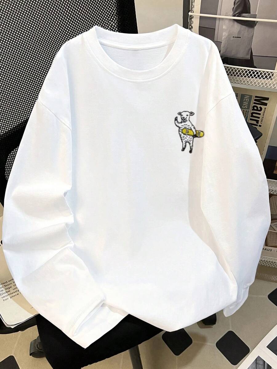 Women's Loose Fit Cartoon Print Long Sleeve T-Shirt, Versatile For Spring & Autumn Casual White - White - View 1
