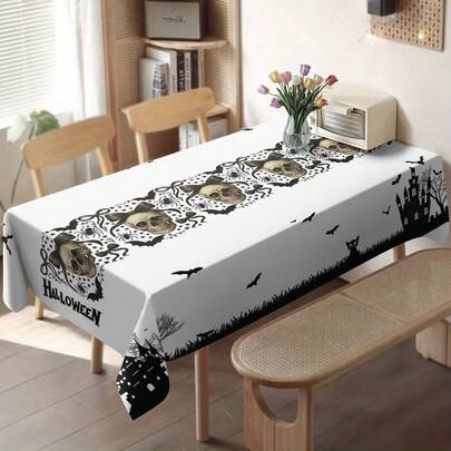 1 peça/10 peças de decoração de toalha de mesa com caveira e laço de Halloween, adequada para jantar e piquenique, toalha de mesa à prova d'água e fácil de limpar para mesa de jantar e festa, decoração retangular para mesa de jantar, bar, mesa de centro, piquenique ao ar livre, pátio de restaurante, decoração de festa, uso interno e externo, disponível em vários tamanhos