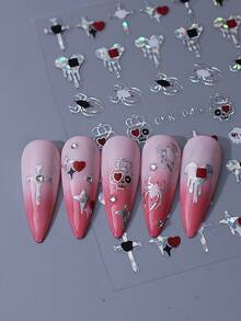 Set de 10 autocolante pentru unghii de Halloween, include modele de craniu, mână, păianjen, liliac, dovleac, șarpe în stil gotic argintiu cu laser, glisant autoadeziv, decorare unghii DIY - Multicolor - Vizualizare 8