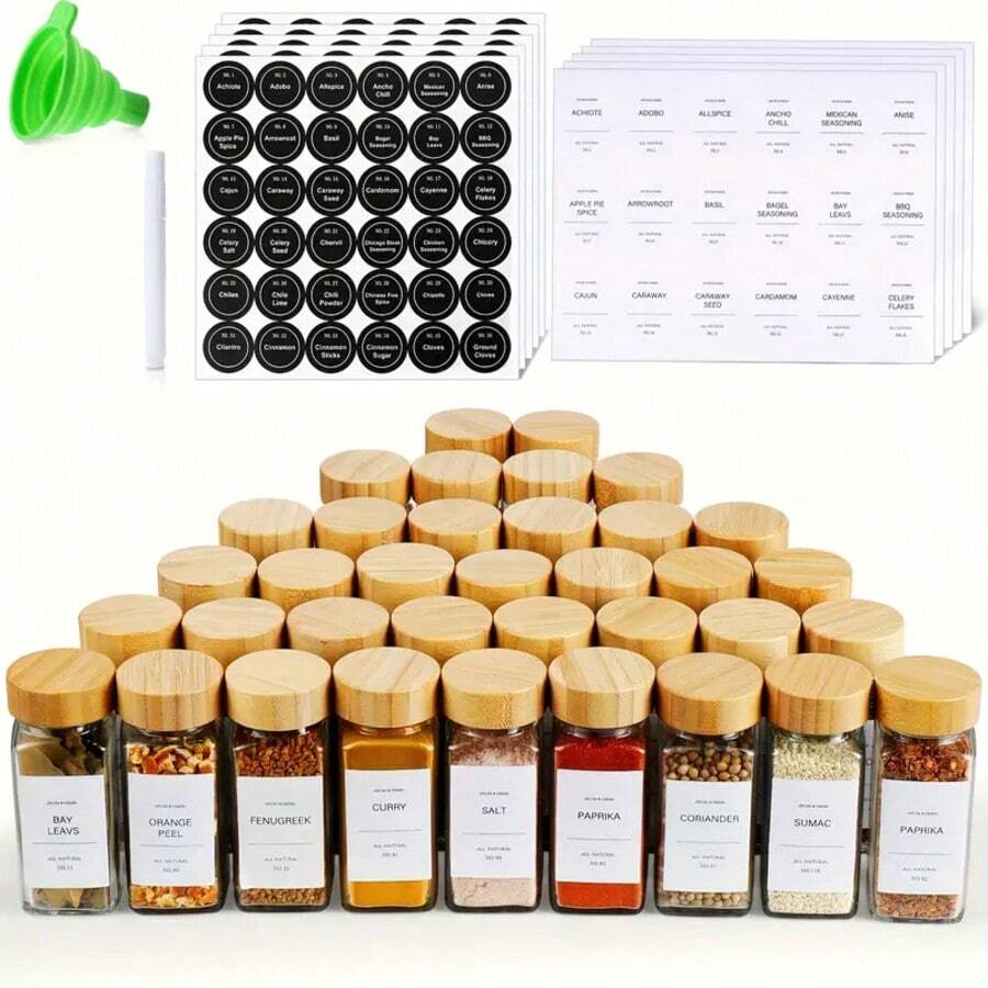 24Pcs Square Glass Spice Jars Set With Bamboo Lids, 4oz Airtight Seasoning Containers With Labels, Funnel, And Brush - Transparent Condiment Pots For Herbs, Spices, And Pantry Organization - Clear - View 1