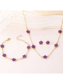 Set de 4 piezas: Collar, pulsera y pendientes con trébol y flor de cinco pétalos, collar de gargantilla versátil y de la suerte, sin estuche de regalo