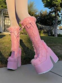 Warm Faux Fur Knee High Snow Boots For Women Punk Goth Platform Chunky High Heel Side Zipper Walking Winter Boots - Màu Hồng baby - Xem 5
