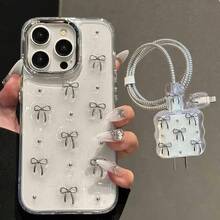 6pcs/Set Apple 16 Pro Max Phone Case With Charger Adapter, 3D Bow Soft Protective Cover Case Compatible With Iphone 17/16/15/14/13/12/11, Fashion Protective Case + Charger Adapter