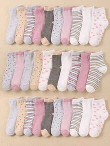 10 Pairs Cute Striped Heart Print Kids Mid-Calf Socks, Suitable For Daily Wear And Outdoor Activities. Pink And Multi-Color Toddler Socks, Soft And Comfortable, Casual And Versatile, Essential For Girls, Great Gift. - Multicolor - View 9