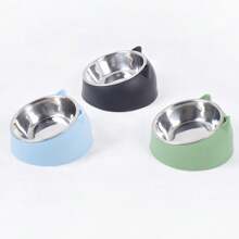 A Detachable And Washable 15° Cute Cat Design Stainless Steel Pet Cat Bowl With A Tilted Neck Protection.