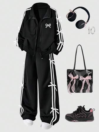 Conjunto deportivo de punto sencillo y de moda para niñas en otoño e invierno, conjunto negro con cinta y decoración de lazo a rayas blancas, tela cómoda, muy adecuado para uso casual diario al aire libre, también se puede regalar a los niños