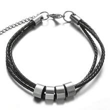 Personalized Men's Leather Bracelet, Black Leather Strap, Stainless Steel Beads, Laser Engraved Family Name, Date, Symbol, Letter, Number, Holiday, Birthday Gift - Black - View 10