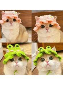 1 pieza Gorro hecho a mano tejido para mascotas con patrón de flores, gorro de crochet lindo para gatos y perros pequeños/medianos - Celeste - Ver 4