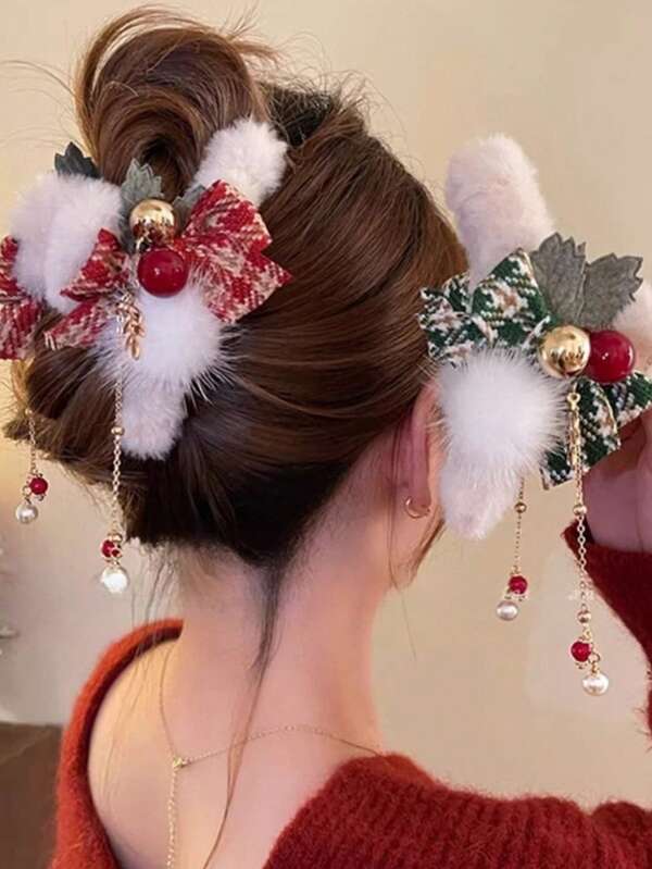 2pcs Elegant Christmas Plush Bow, Pearl & Tassel Hair Clips, Stylish Hair Claw Hairpins, Fashionable Hair Accessories, Suitable For Daily, Mother's Day, Thanksgiving, Christmas, New Year, Valentine's Day, Carnival Fall Fashion Claw Clips Winter For Vacation Outfits Woman